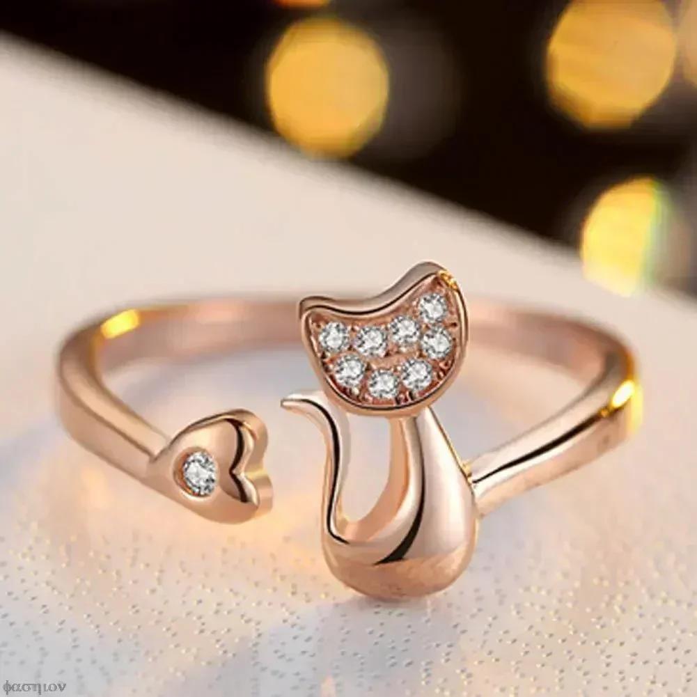 

Charm Crystal Top Quality Cubic Zirconia Crystal Inlaid Cute Animal Cat Ring for Women Girls Fashion Animal Anillo De Mujer Open resizable