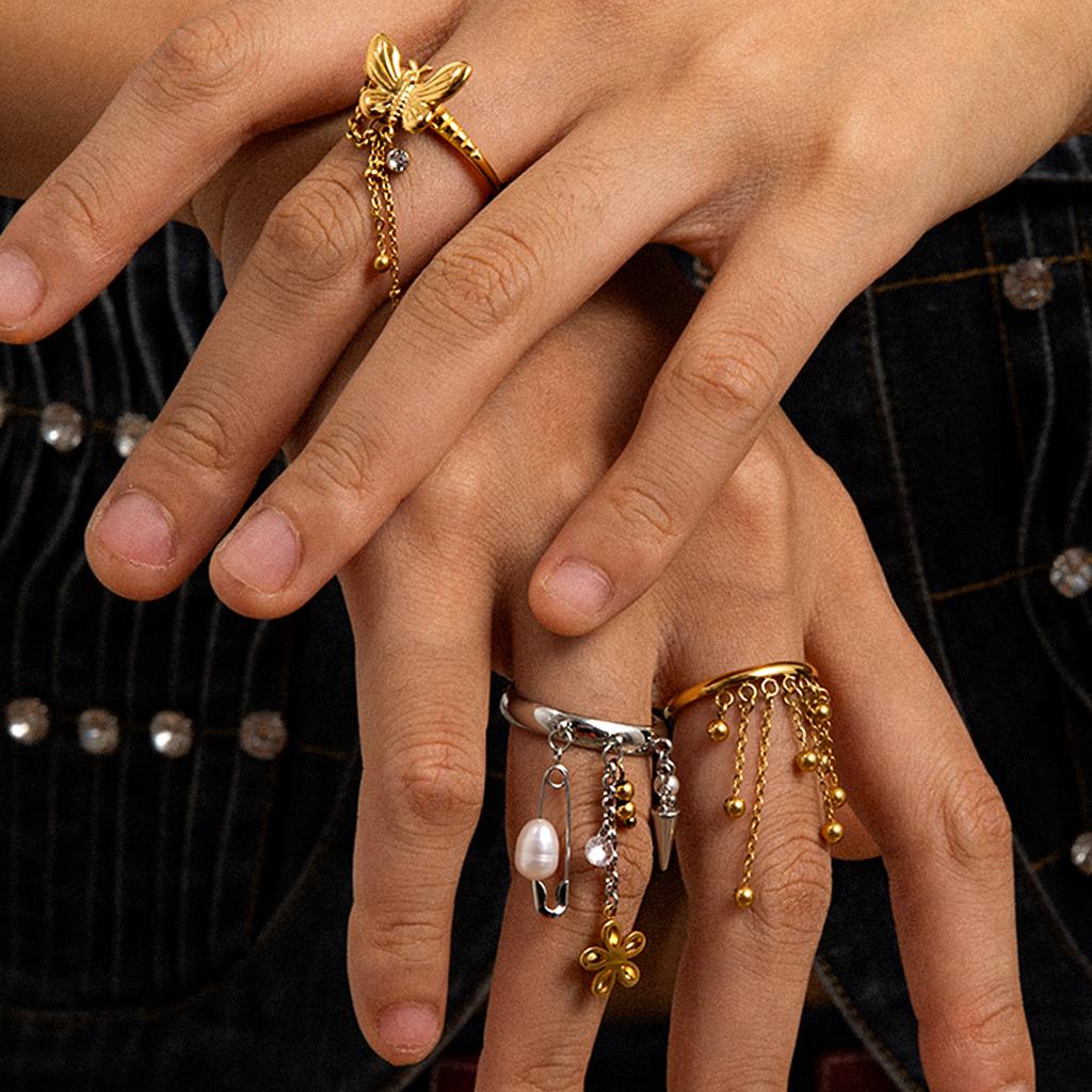 Youthway Y2K Style Freshwater Pearl Flower Pendant Tassel Ring For Women Stainless Steel  Gold Color Plated Fashion Accessory