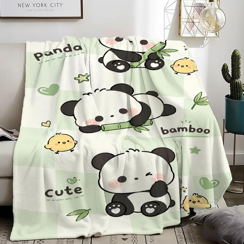 Green Background Panda Bamboo Flower Cute Fleece Blanket For Cozy Bedroom Decor Lightweight Plush Throw Blanket Cover