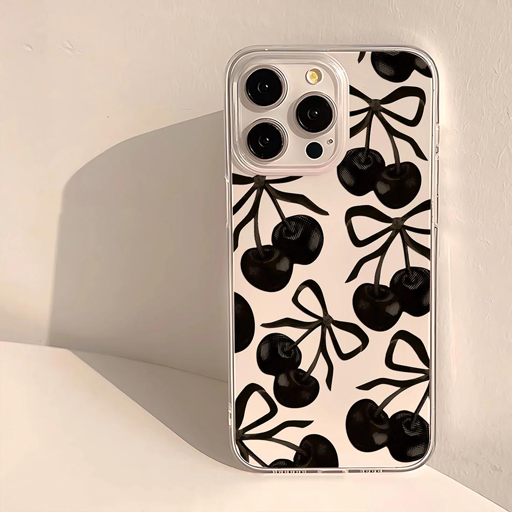 INS Black Cherry Bowknot Clear Phone Case For Samsung Galaxy A14 A15 5G S21 S22 S23 S24 FE Plus Ultra A25 A35 A52 A53 A54 A55 5G
