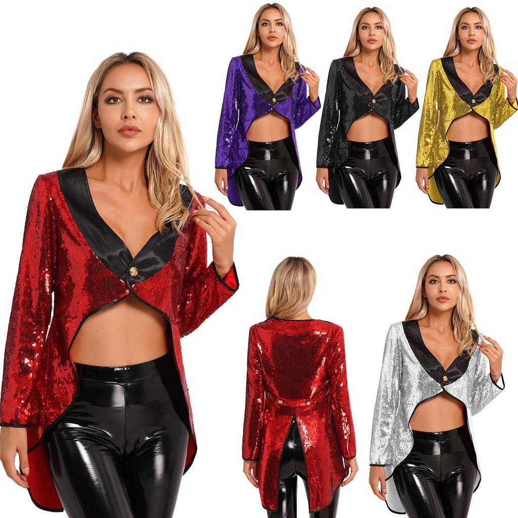 Womens Tuxedo Outerwear Circus Ringmaster Dress Up Halloween Costumes Tailcoat Jacket Sparkle Sequin One-Button Magician Dress