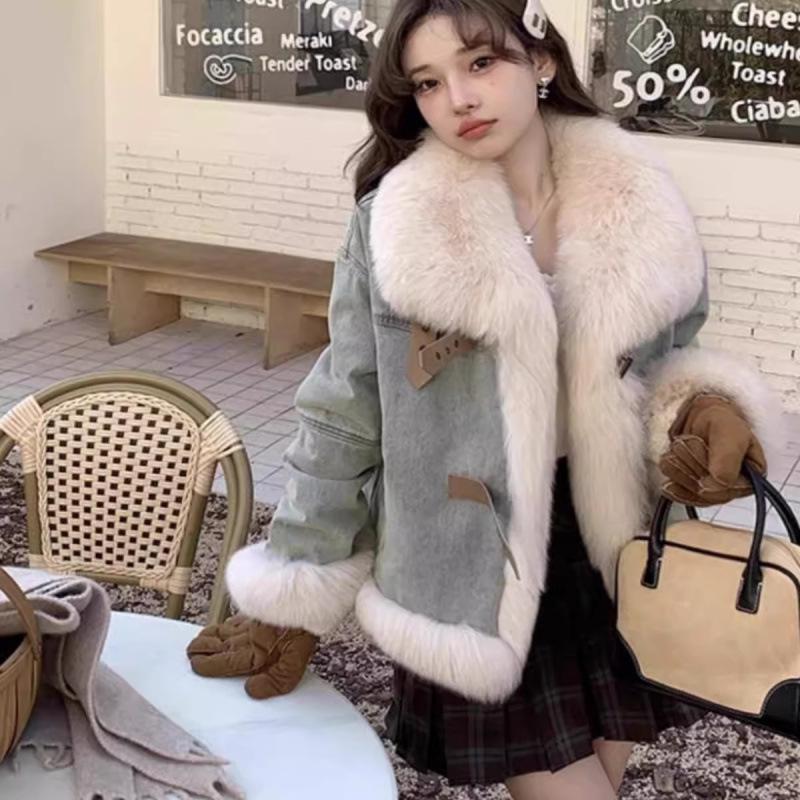 Women's Retro Plus Size Lambswool Denim Jacket - Winter Short High-End Coat
