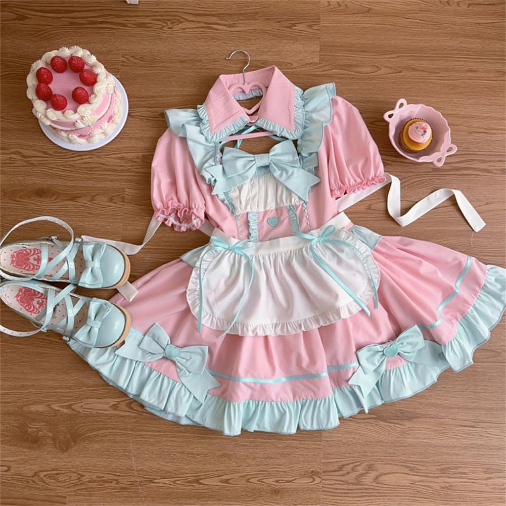 [SDSXZWG] Maid Lolita Kleid Set, Kurzarm, Abnehmbarer Kragen, Hohe Taille, Schlankmachendes Kostüm, Schleife, Rüschenschürze, Cosplay, Subkultur Stil, Schnitt