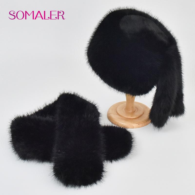

SOMALER Зимова капелюх із штучного хутра, набір шарфів. Теплі жіночі кепки з плоским верхом і двома хвостами. Шапки, шарфи. чорний