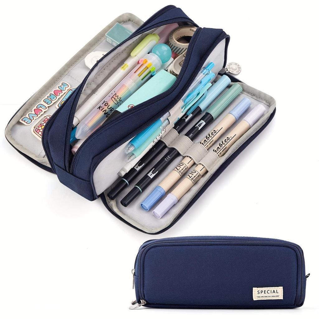 Large Capacity Three-Layer Zipper Pencil Case with 8 Pen Slots and 4 Inner Pockets in Oxford Cloth, Available in Multiple Colors