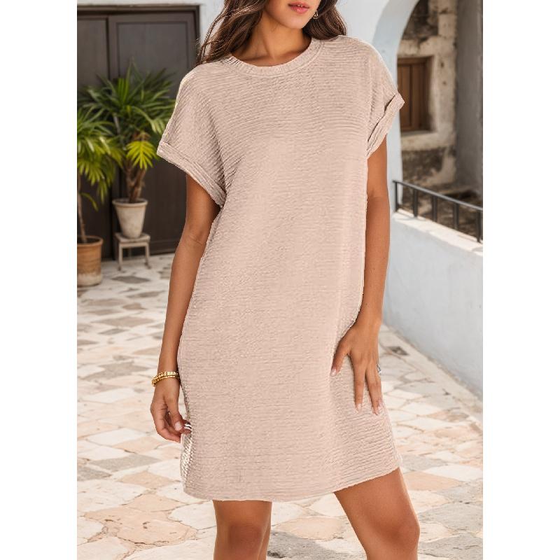 Women'S Fashionable Solid Color Short Sleeved Round Neck Casual Sports Short Dress With Pockets