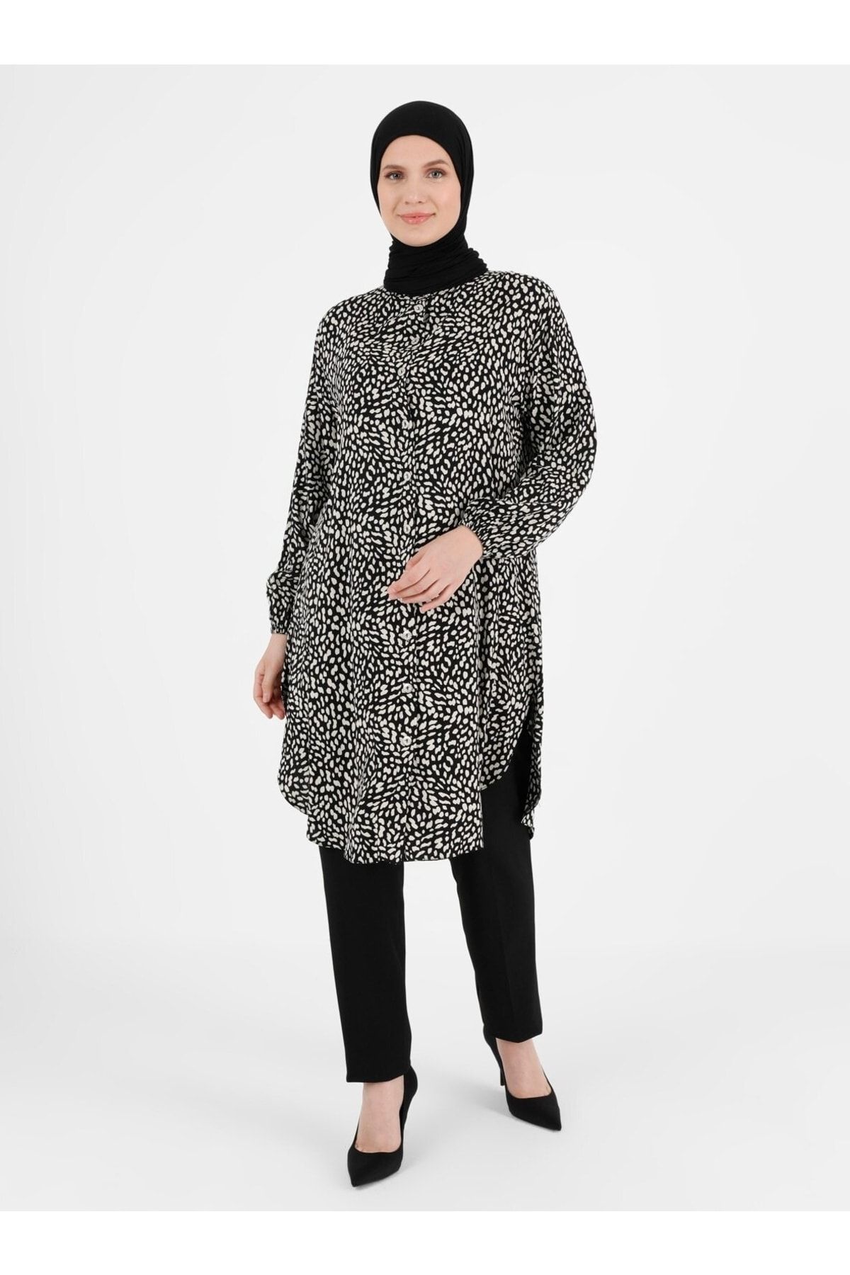 

Женский стиль Туника больших размеров на пуговицах с детальным узором Туника большого размера из вискозы - Черный - 2XL