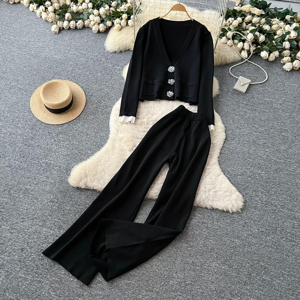 Winter Strickwaren Damen Anzüge Langarm Diamantknöpfe Oberteile+Freizeithosen mit weitem Bein Locker Warme Pullover-Sets