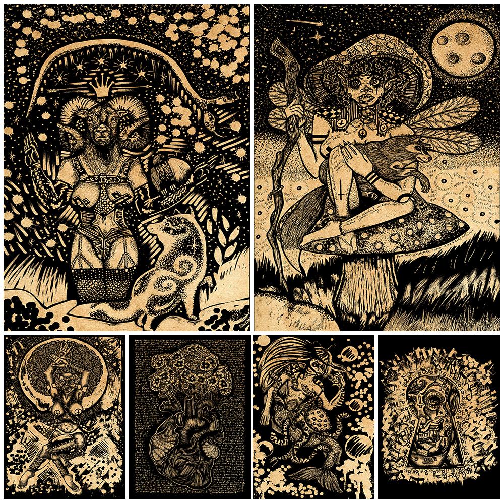 

Готический террор террор террор монстры странные и демонические монстры винтажное настенное искусство печать на холсте луна гриб природа ведьма художественный постер