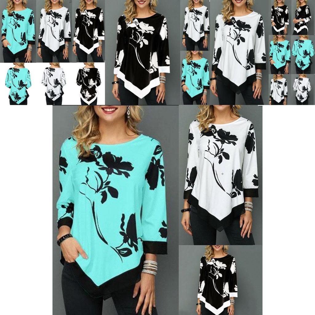 Elegant Women Irregular Floral Blouse Tee With Asymmetric Hem And Round Neck