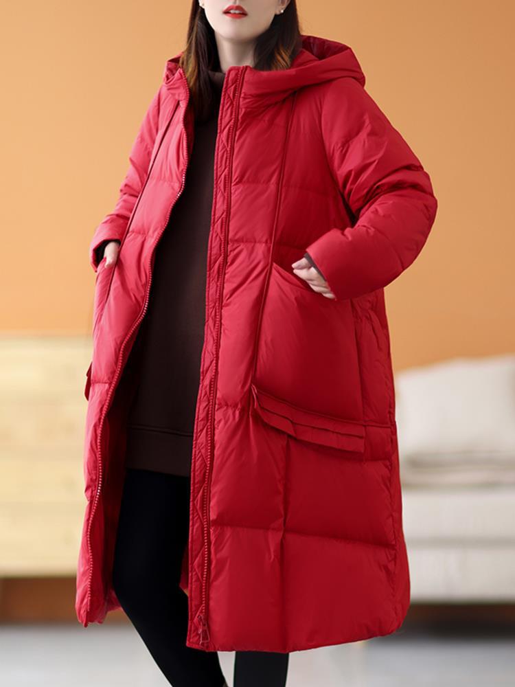Winter new thickened large size white duck down hooded down jacket women's long knee loose versatile jacket