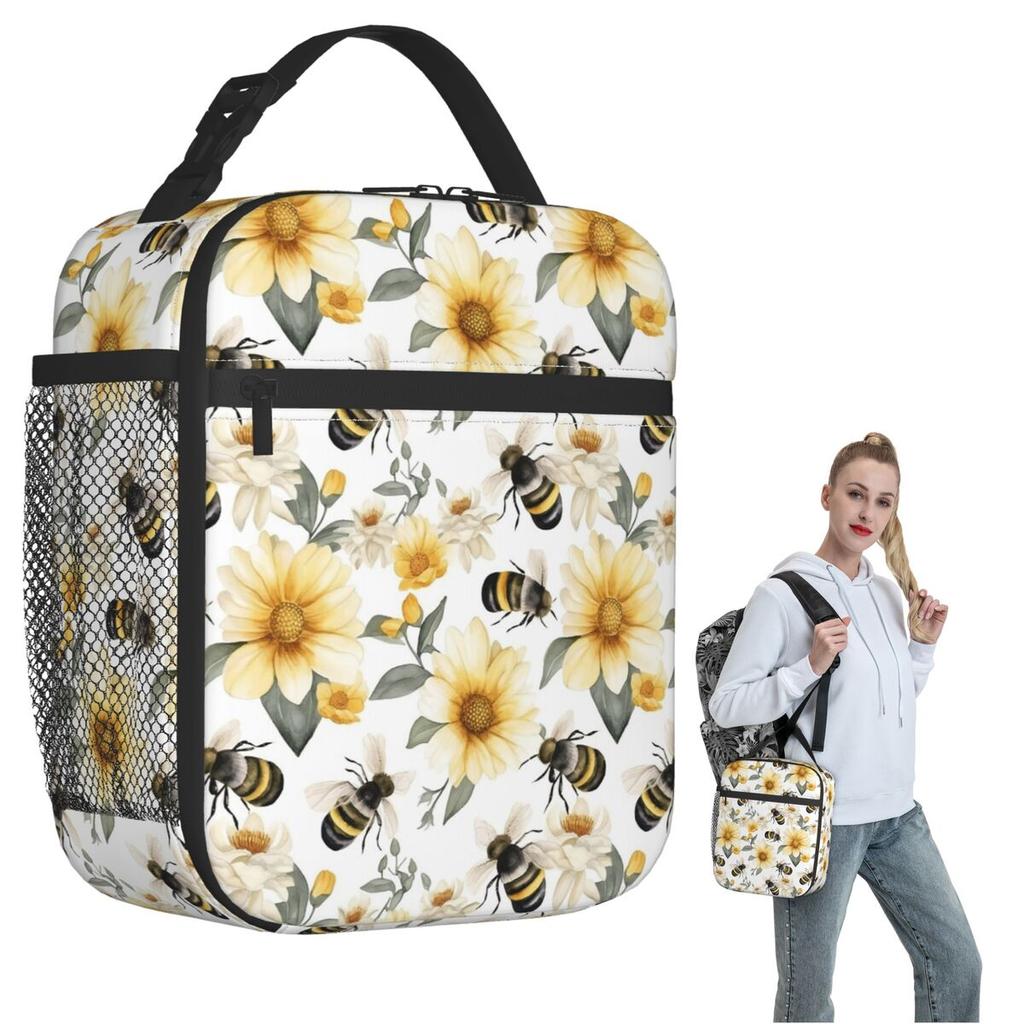 Flowers And Bee Pattern Insulated Lunch Bag for Women Kids Portable Food Boxes Thermal Lunch Box Tote