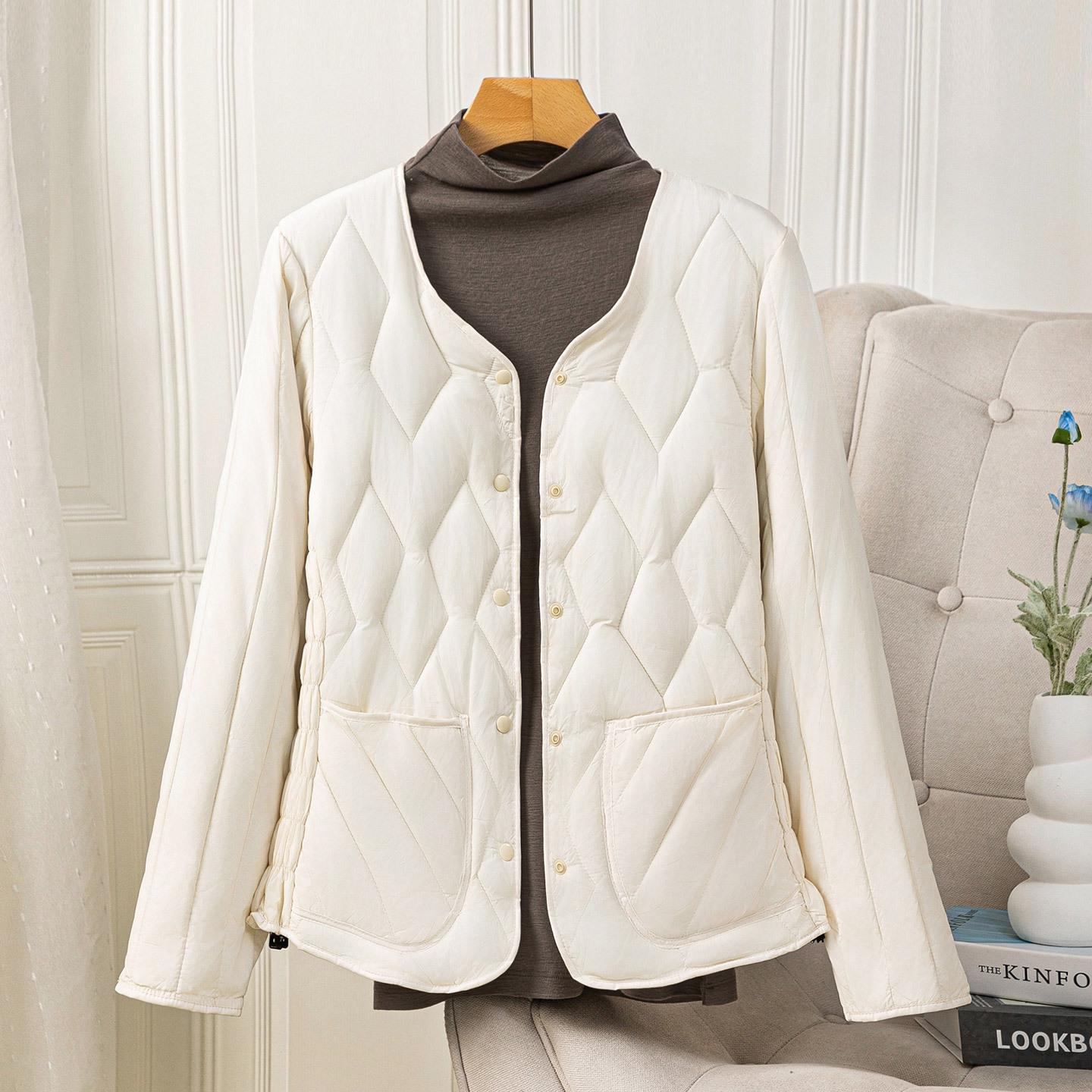 

Женская приталенная куртка с хлопковой подкладкой и бархатной подкладкой для тепла, легкая и тонкая, идеально подходит в качестве базового слоя или утолщенного пальто. M (80-90 lbs) грязно-белый