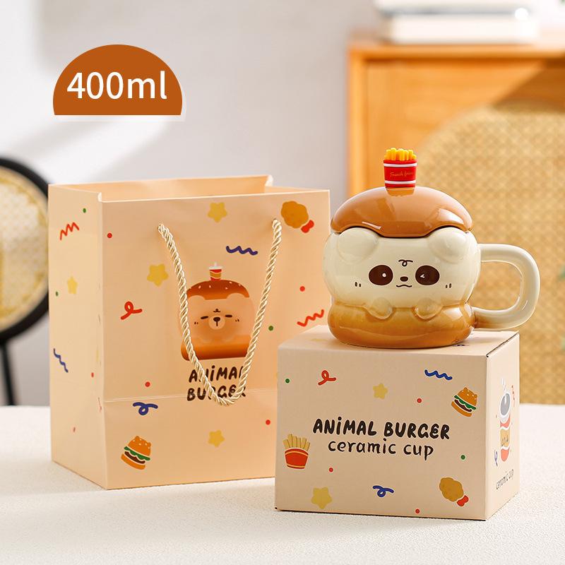 

Милая кружка в виде животного, подарок на день рождения, сувенир, гамбургер, собака, керамическая чашка с крышкой, ложка, чашка для воды, креатив 400ML