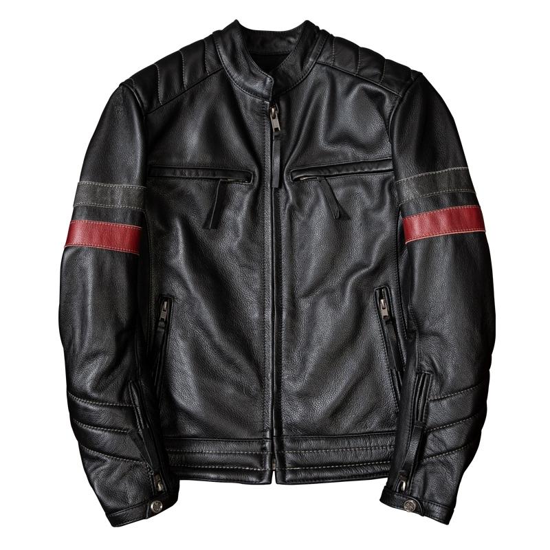 Men Genuine Leather Motorcycle Jacket with Removable Armor Stand Collar Biker Coat for Spring Autumn Riding