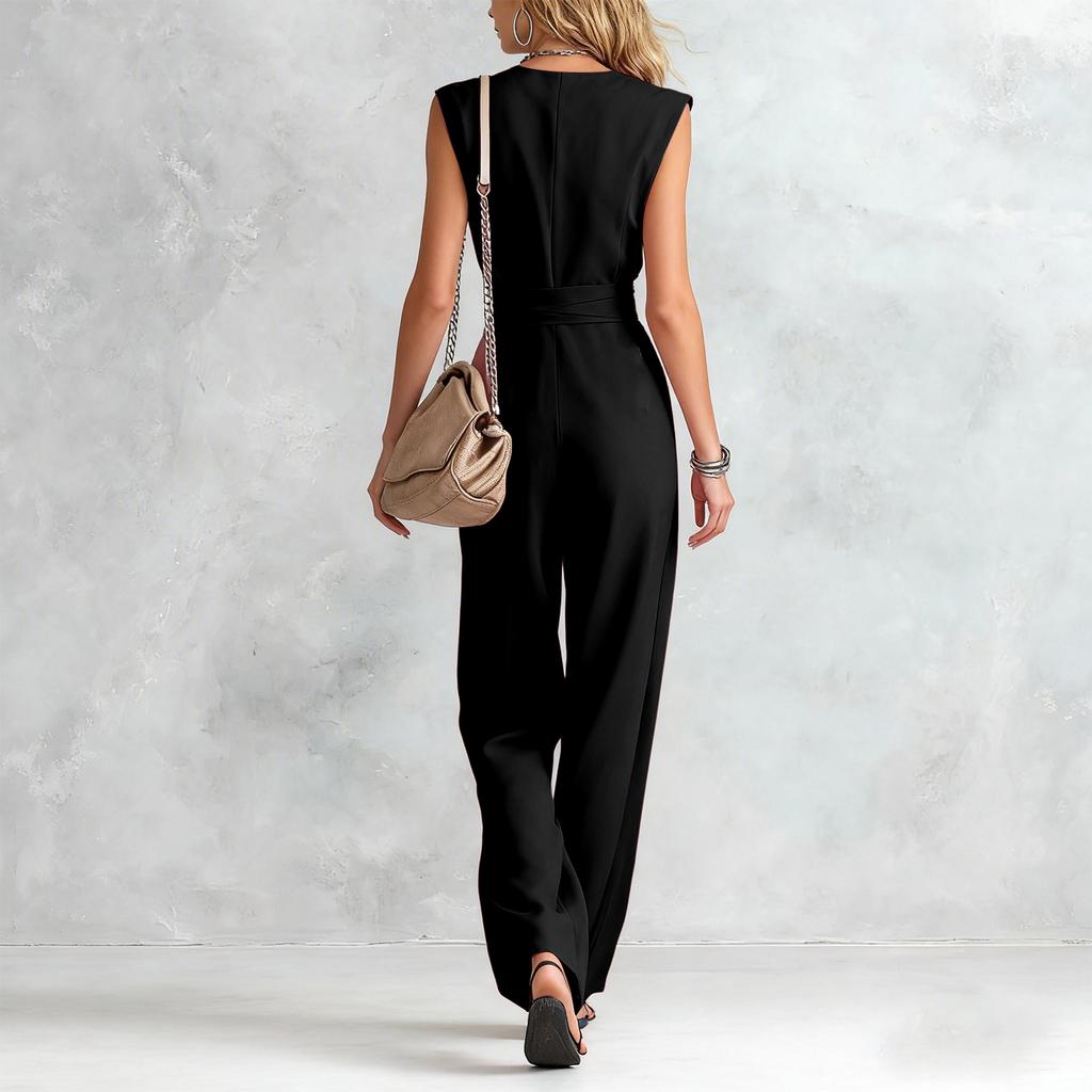 Damen V-Ausschnitt Weiter Bein Ärmellos Mit Gürtel Lang Jumpsuit