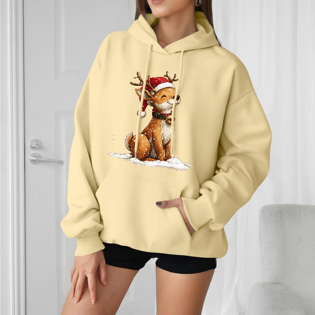 Dámská módní ležérní mikina s dlouhým rukávem, volná, s vánočním potiskem a kapucí