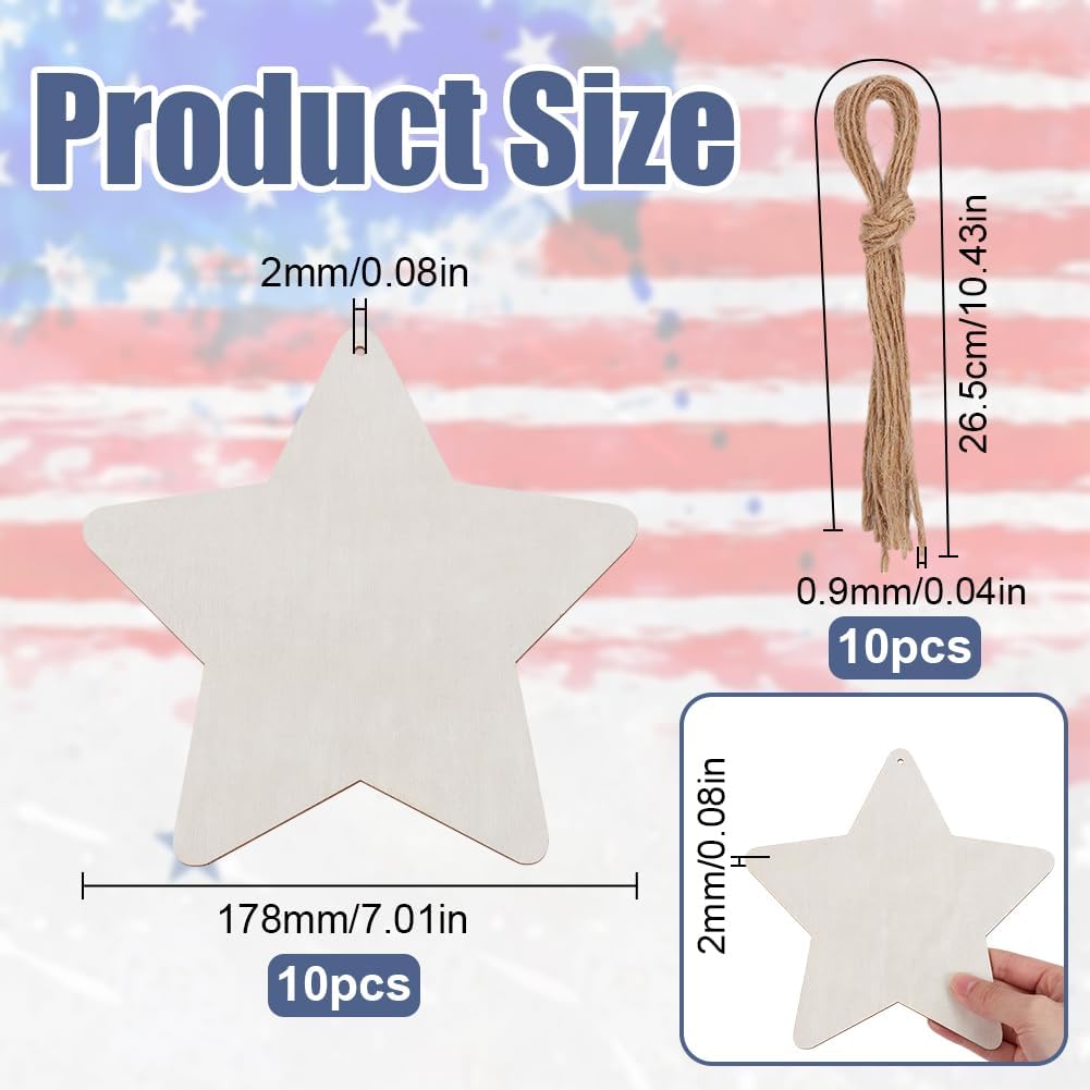 10Pcs Large Wooden Star Ornaments 7 Inch Blank Wooden Stars Unfinished Wood Crafts To Paint Natural Wood Blank Slices for DIY Crafts Hanging Home