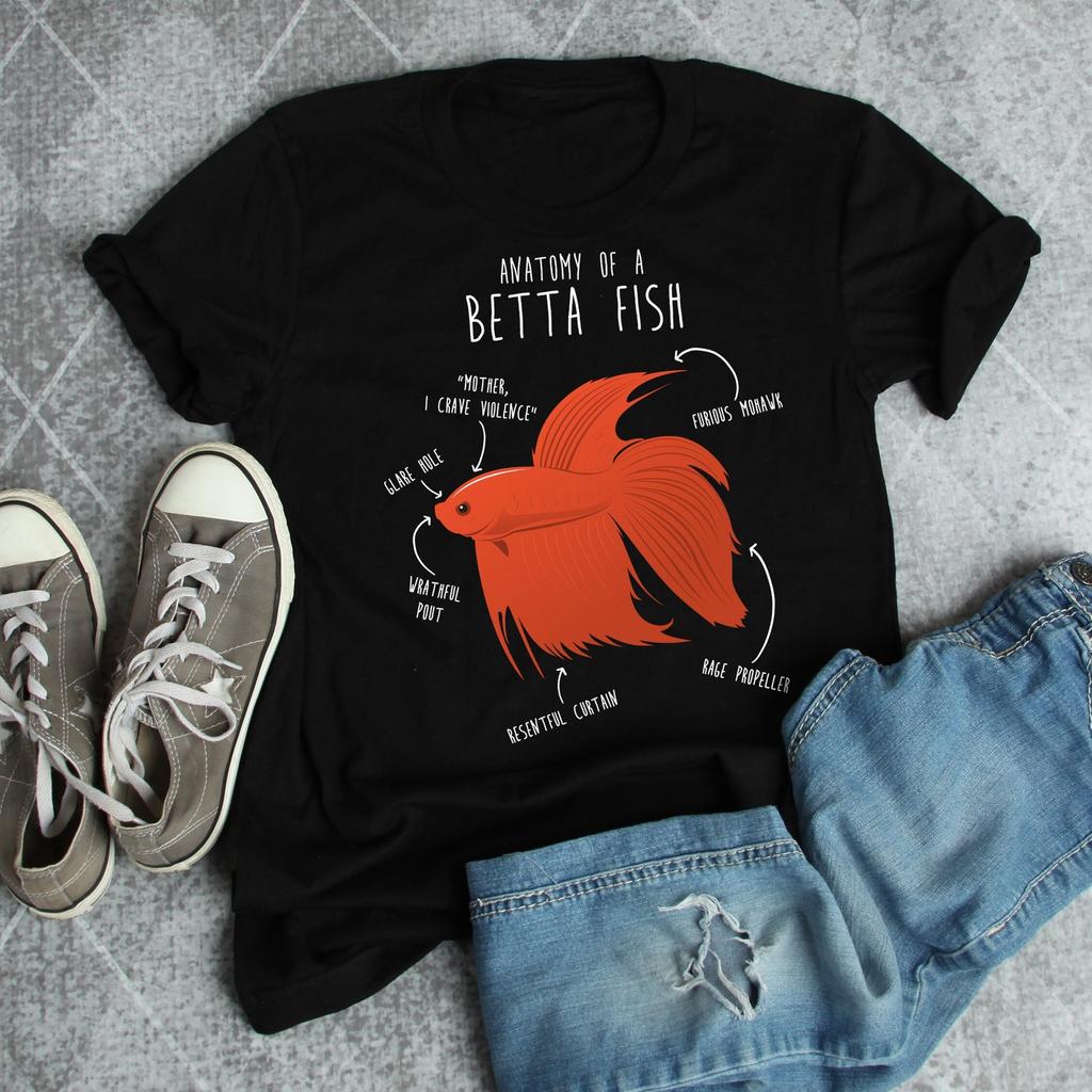 Betta Fish Shirt, Women, Men, Funny Betta Lover Gift, Cute Pet Siamese Fighting Fish T-shirt, Tropical Aquarium Tank Tshirt, Anatomy