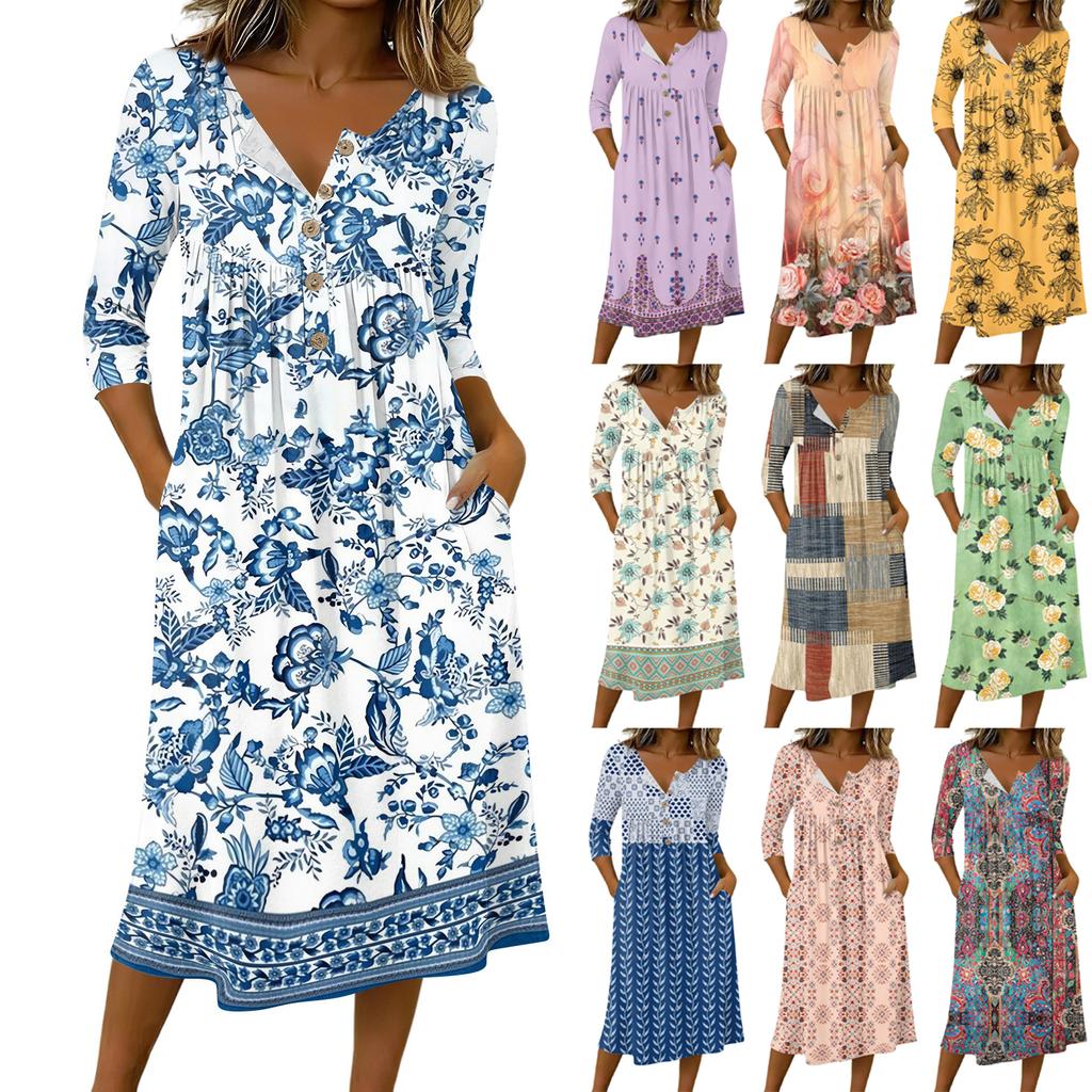 Modisches Damen-Midikleid mit Rundhalsausschnitt, 3/4-Ärmeln, Knopfleiste und farbenfrohem Print, lässig