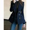 French Style Navy Blue Double Breasted Suit Spring Powerful Commuting Coat