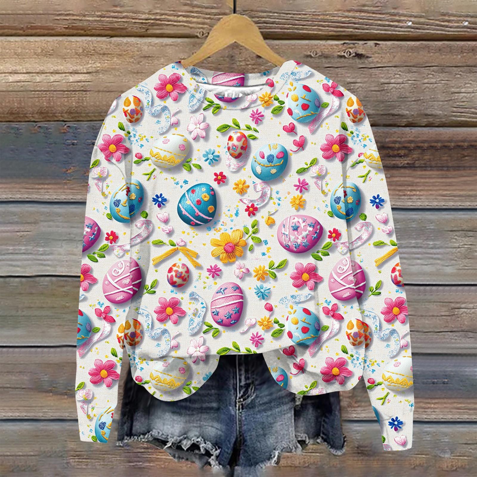 

Женская мода Пасха Печатный Длинный рукав Свободный круглый вырез Толстовка Топ XL