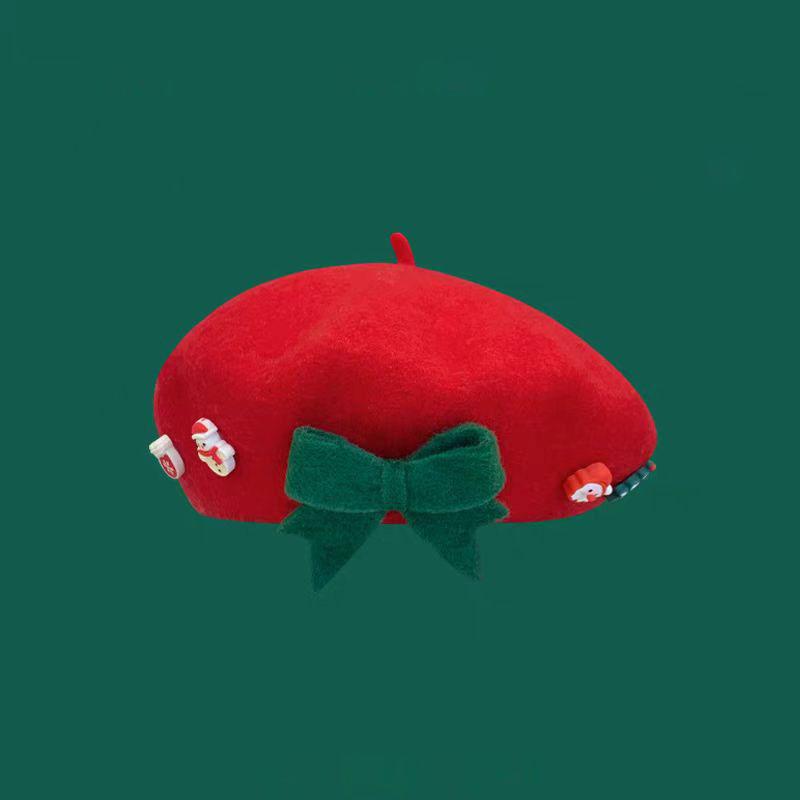 Unisex Winter Character Christmas Bow Beret New Fashion Korean Style Wool Artist Hat Sweet Holiday Red Trendy