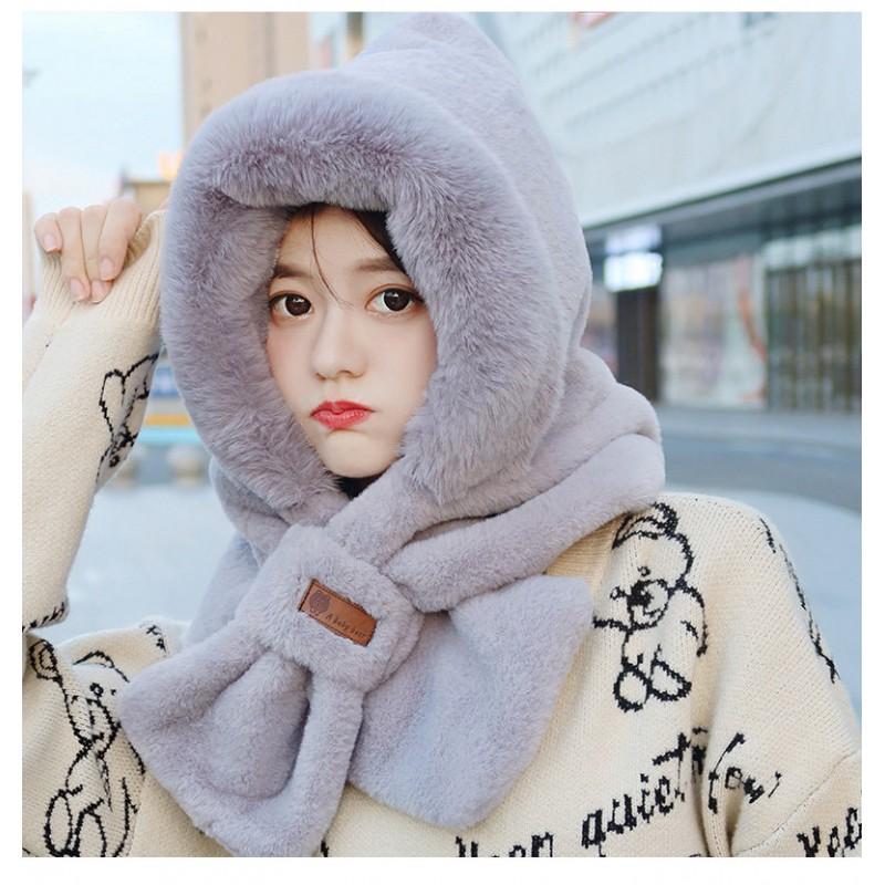 Womens Winter Knit Hooded Hat Scarf Combo With Ear Protection Cute Plush Warm Beanie Outdoor Walking Cycling