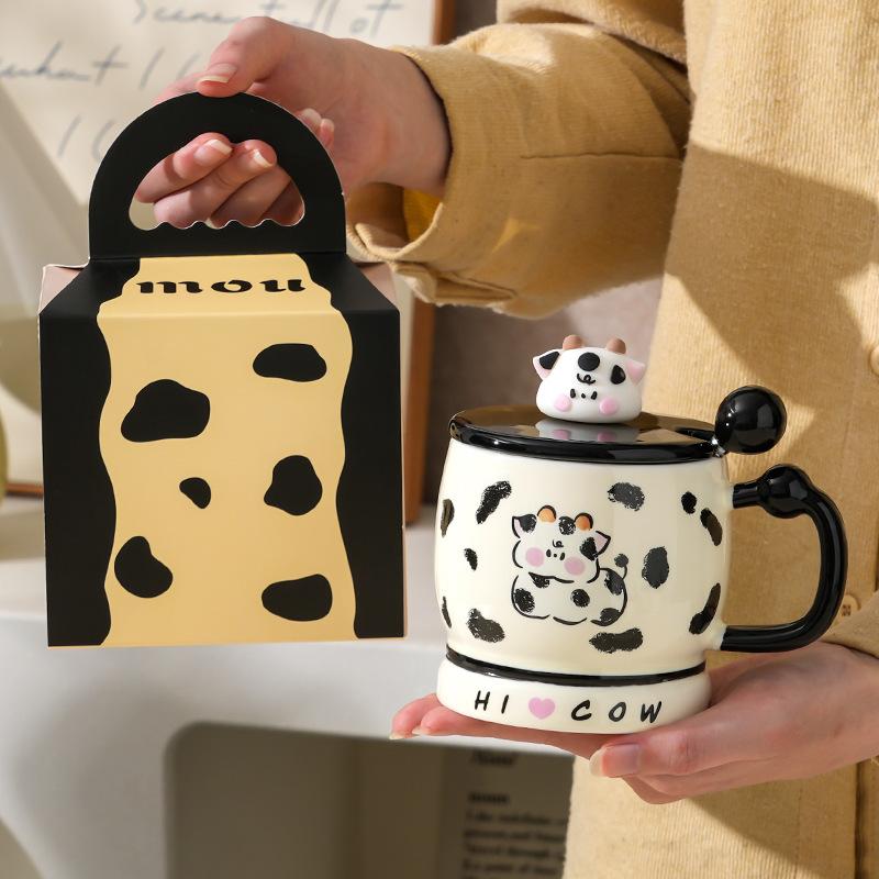 Cute Girl Heart Cow Mug With Lid Office Water Cup Girl High Value Household Coffee Cup Ceramic Cup