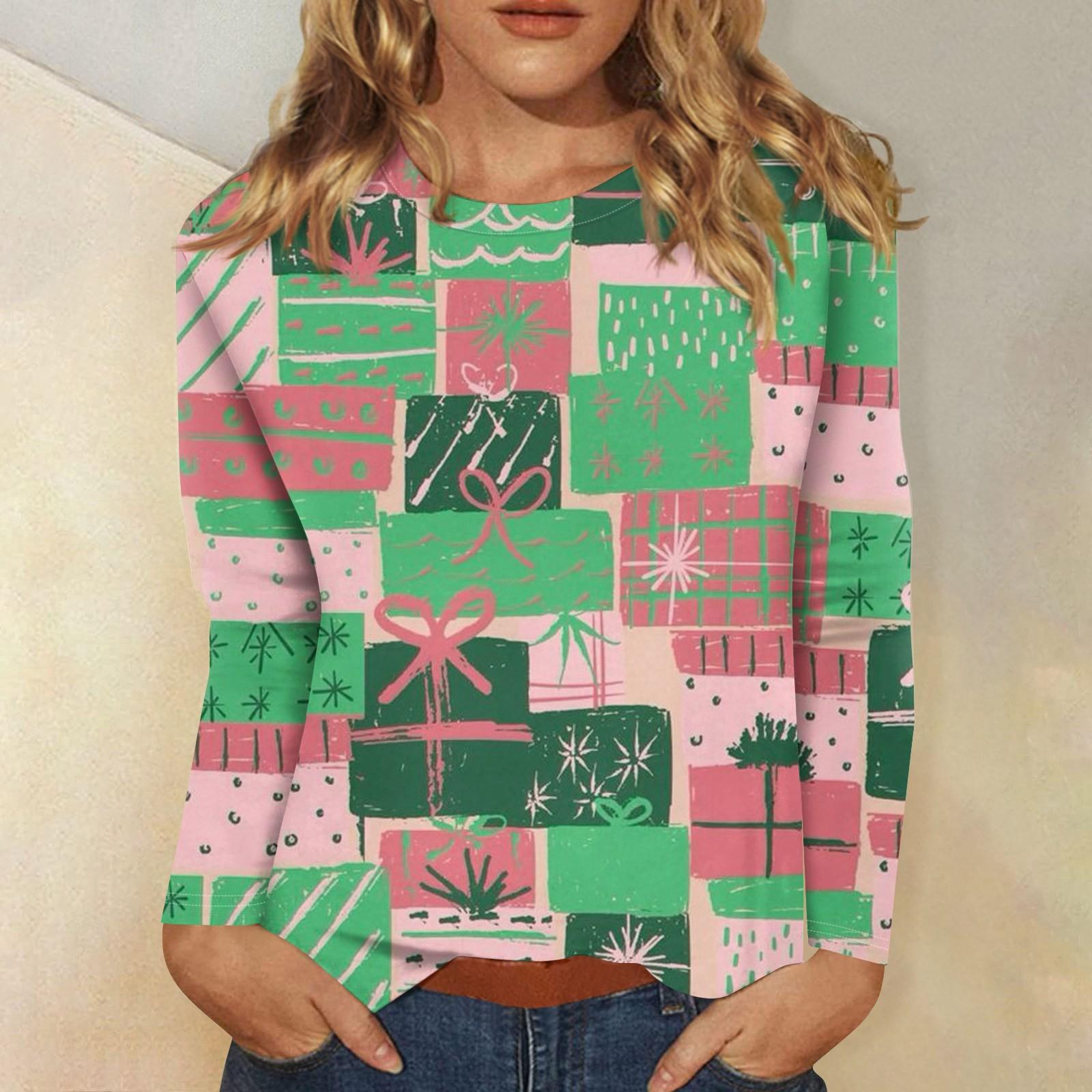

Женская мода повседневная рождественская печать круглый вырез длинный рукав декоративная футболка топ L зелёный