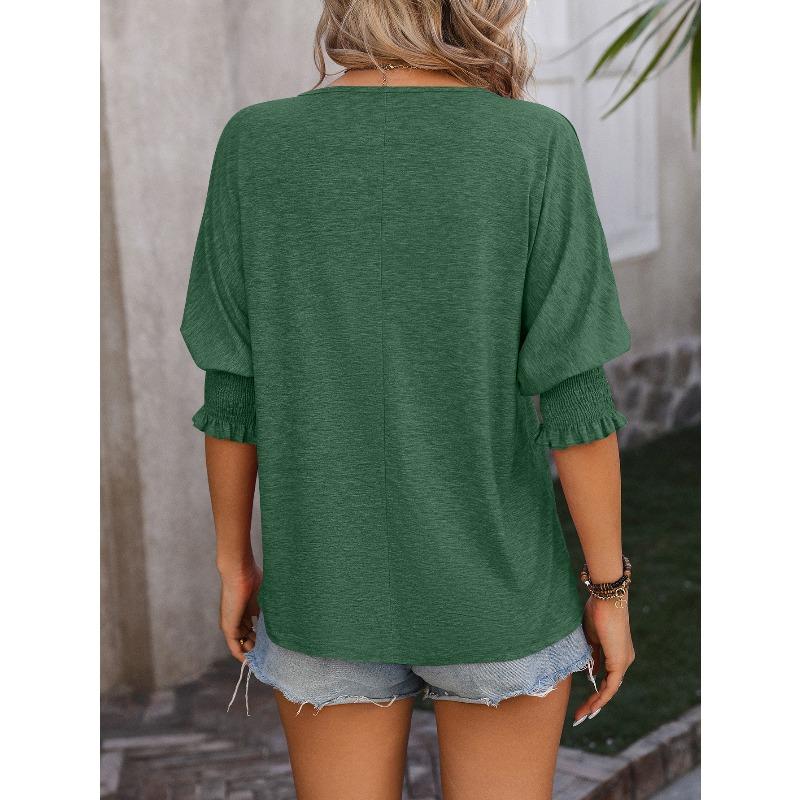Loose V-neck Solid Color Five Quarter Sleeve Top Women's T-shirts