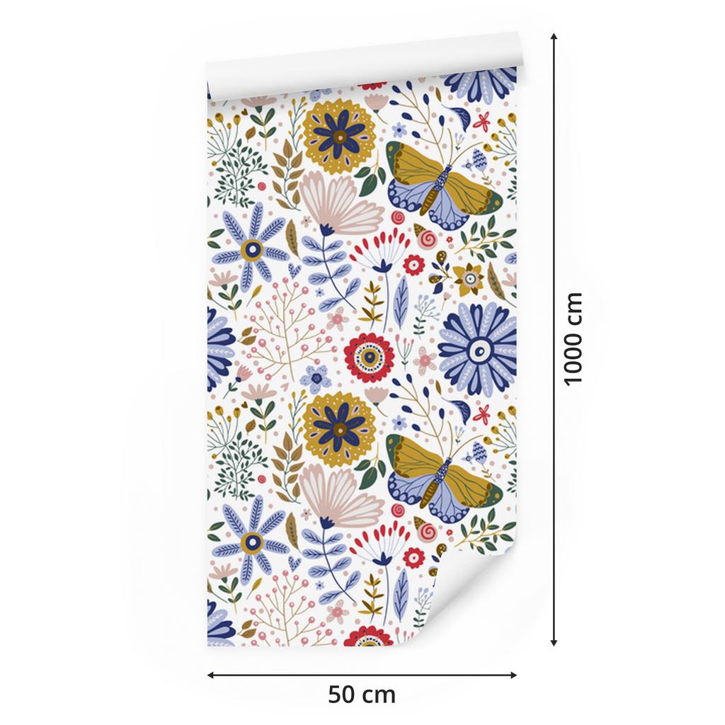 Wallpaper Flowers White and Blue for Living Room and Bedroom 50x1000