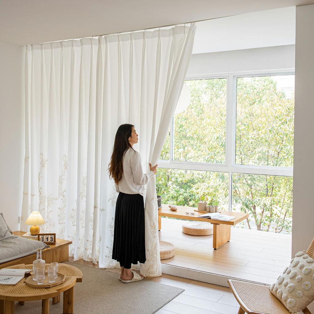 Trendy Embroidered Voile Curtains for Bedroom Living Room Windows Floral Sheer Drapes Country Style