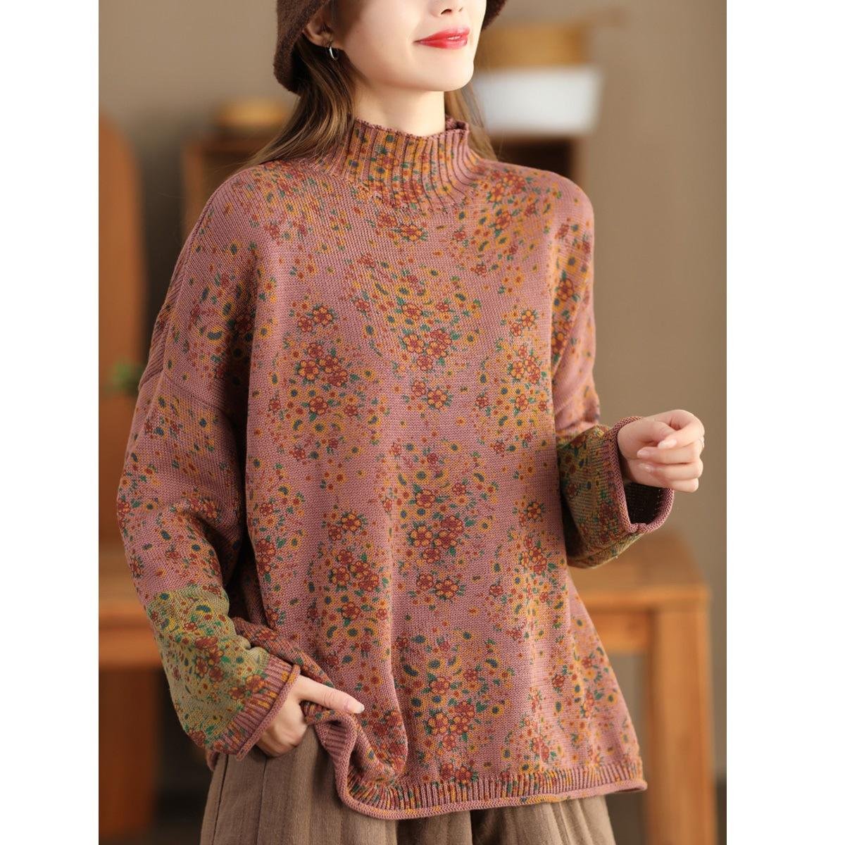 Осенне-весенние женские свитера-пуловеры с воротником-стойкой отворотом и длинными рукавами лоскутный принт цветочный трикотажный женский свитер из хлопка One Size 3709₽