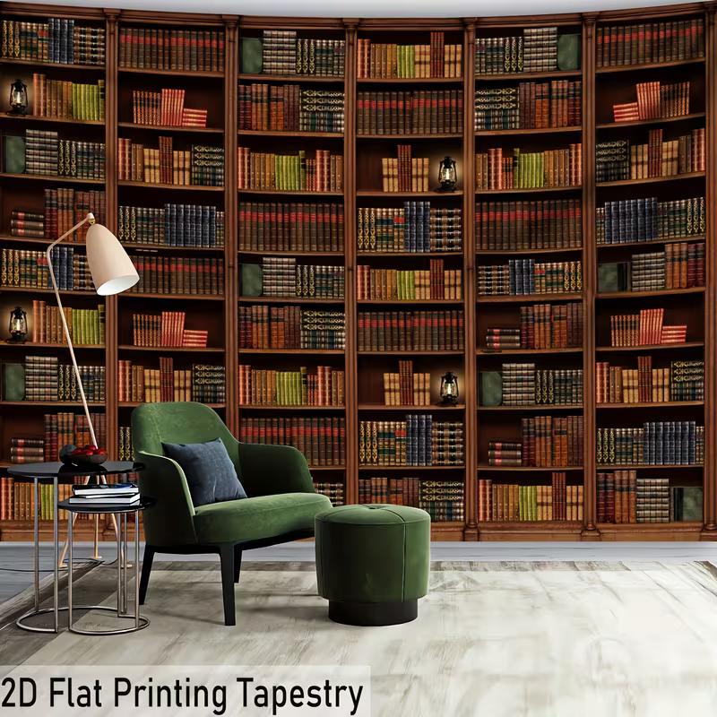 Retro Library Bookshelf Tapestry, Bookcase Print for Room Decor