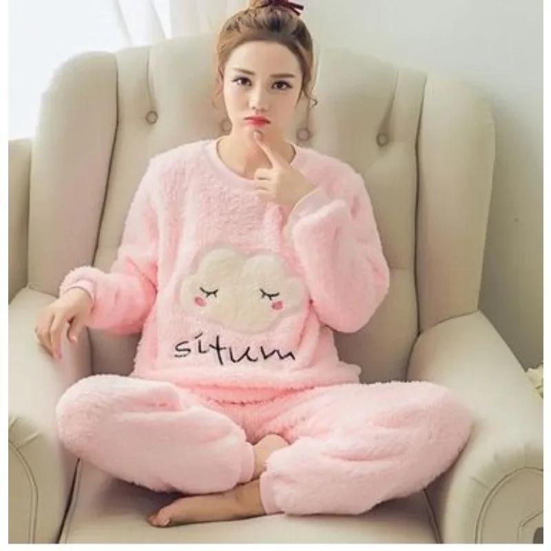 Warm Sleepwear for Winterplus Size Women Winter Thickened Coral Velvet Cartoon Korean Version Long Sleeve Long Pants Student