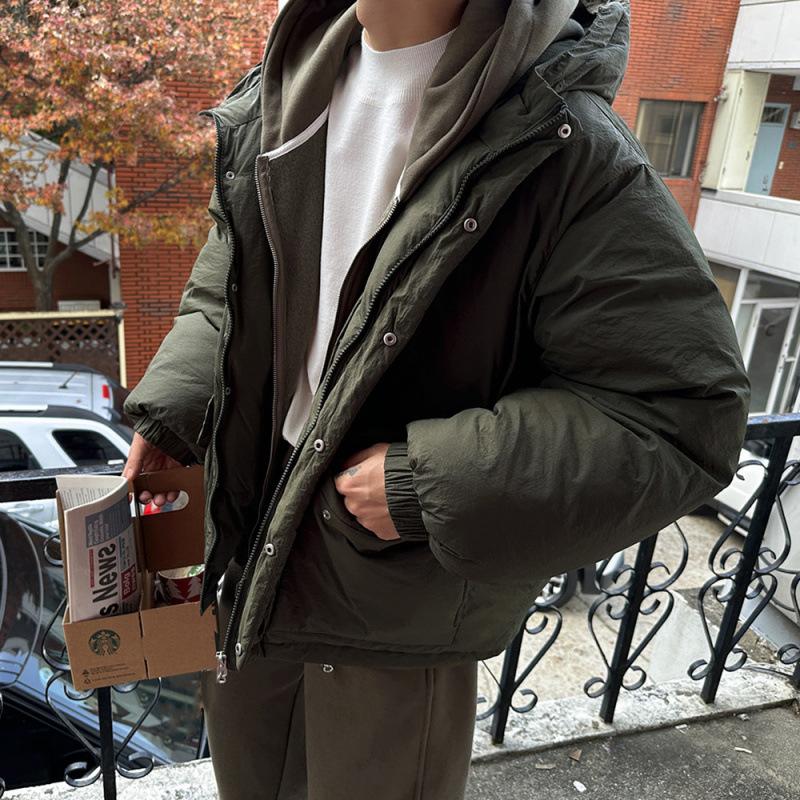 Kurzer Baumwollmantel mit Kapuze für Herren, lockerer und warmer Wintermantel für draußen, lässiger Baumwollmantel im koreanischen Stil