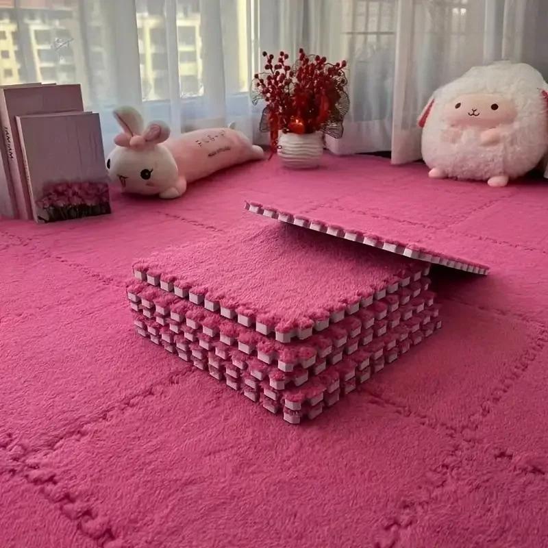 

Plush Puzzle Foam Floor Mat for Kids Thick Interlocking Fluffy Tiles with Border Square Rug Bedroom Baby Jigsaw Puzzle Play Mat 16 pieces рожевий червоний колір