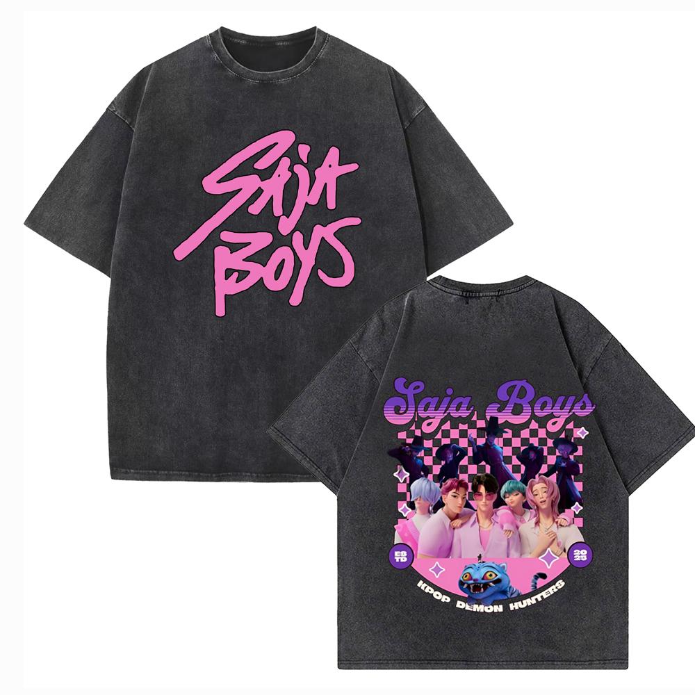 

Women KPop Demon Hunters Saja Boys Washed T-shirt Vintage O-Neck Short Sleeve Cotton T-Shirts Women S