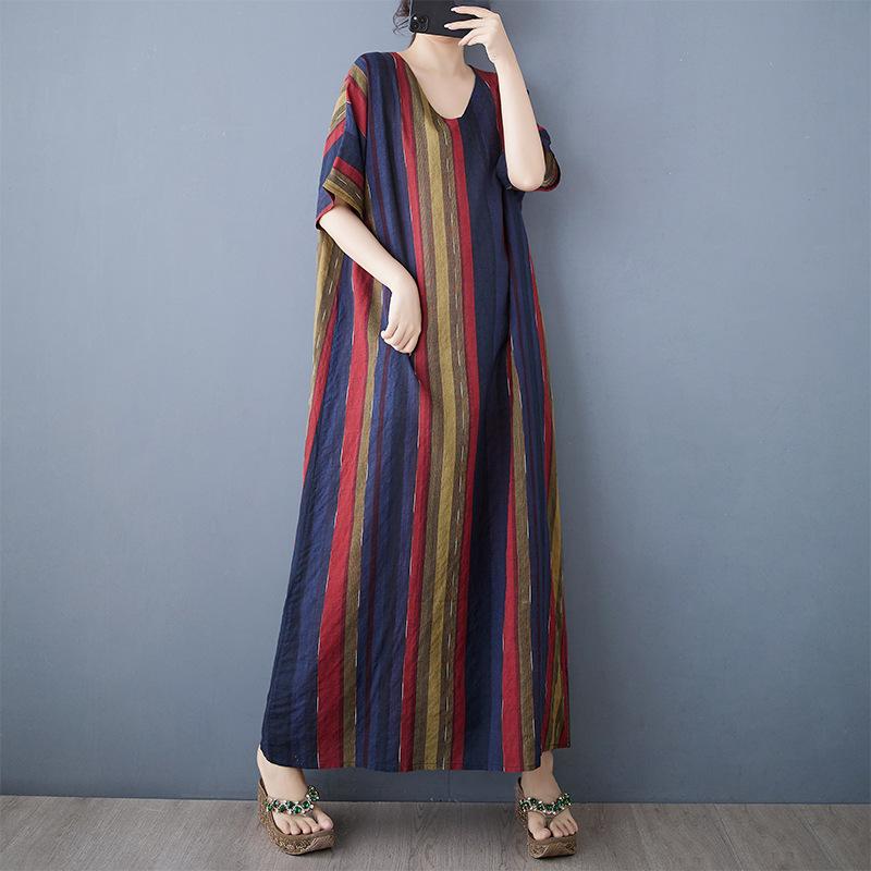 Summer Thin Cotton Linen Print V-neck Loose Oversized Simple Casual Vacation Style Medium Long Dress for Women Dresses