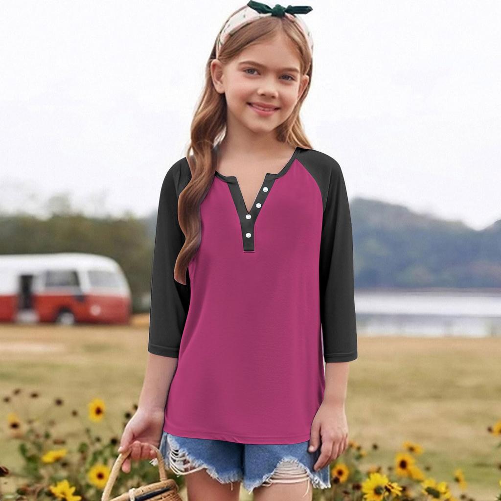 Print Tops For Youth Girls Round Neck 3/4 Sleeves T-Shirts Trendy Tops Outfit Tees