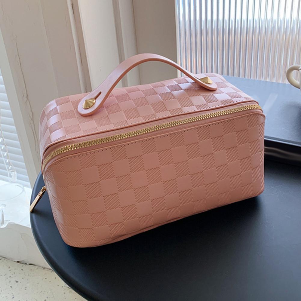 Karierte Kulturtasche, multifunktionaler Make-up-Koffer aus PU-Leder, tragbar, große Kapazität, modischer Reißverschluss, weich für Camping und Wandern