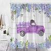Rustic Bathroom Decor Shower Curtain Watercolor Blue Purple Flowers Truck White Wooden Planks Background Farmhouse Bath CurXT6