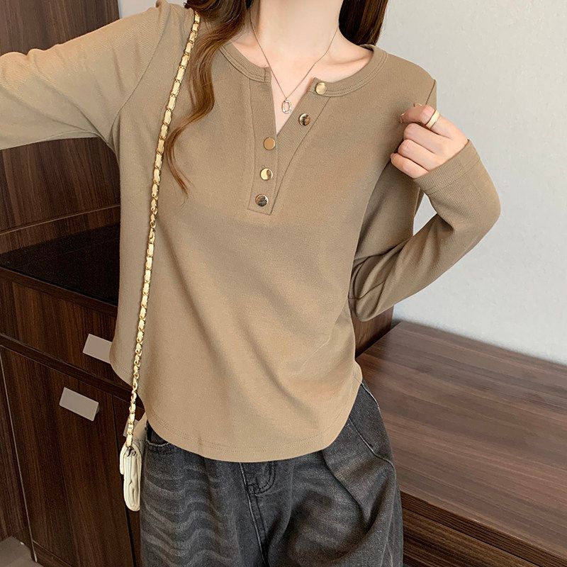 V Neck Chic Slightly Fat Sister Belly-Covering Long Sleeve T-Shirt Brown XL