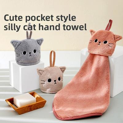 Niedliches Katzen-Handtuch aus Korallenfleece mit Stickerei, Hängendes Badhandtuch, Vielseitiges quadratisches Handtuch für Küche und Bad