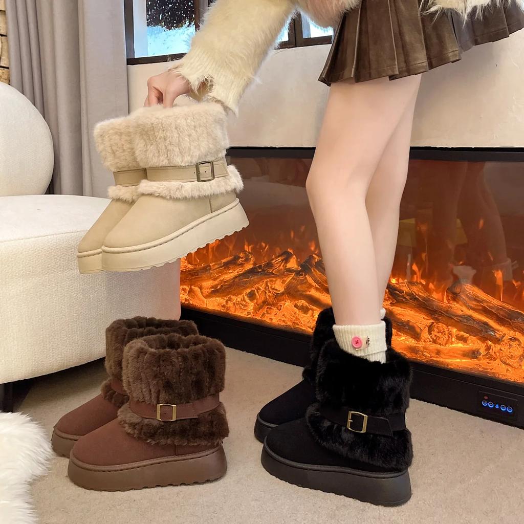 Winter Thick Sole Tubular Short Fur Snow Boots Women Mid-Calf Spliced 43 Size Boots Korean Style round Toe Rubber Outsole