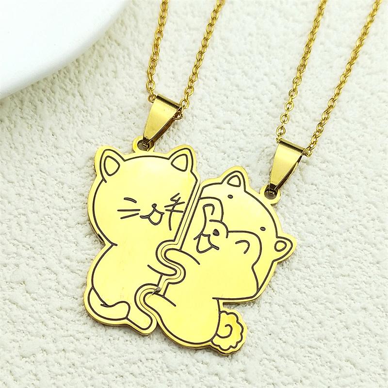 2Pcs Cat Face To Bear Pendant Necklace Women Men Couple Stainless Steel Gold Color Love Friendship Bff Chain Jewelry Set Gifts