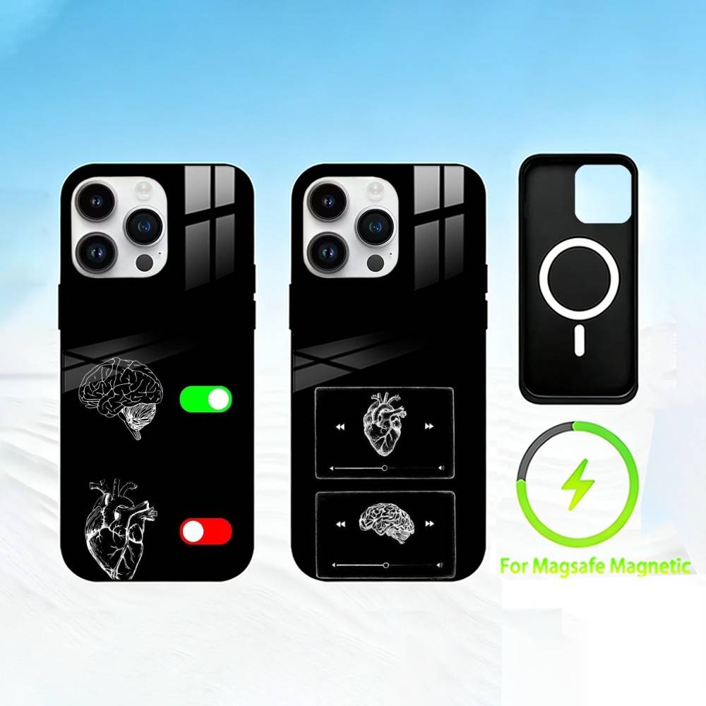 B-Brain and heart Phone Case For iPhone 17 16 15 14 13 12 Pro Max Plus for Mirror Wireless Magnetic Cover
