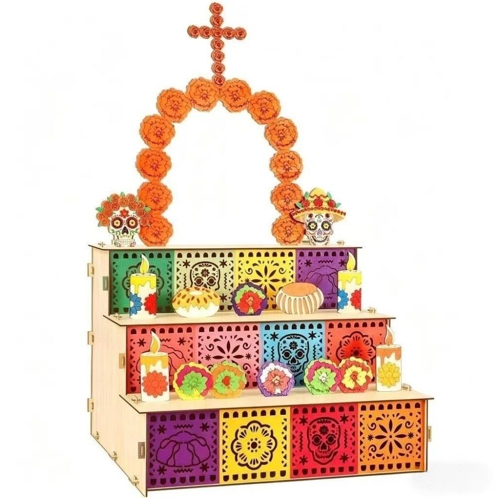 Wooden Day of Dead Ofrenda Box Skulls Candles Ornaments Mexican Fiesta Party Decor DIY Home Kitchen Decor