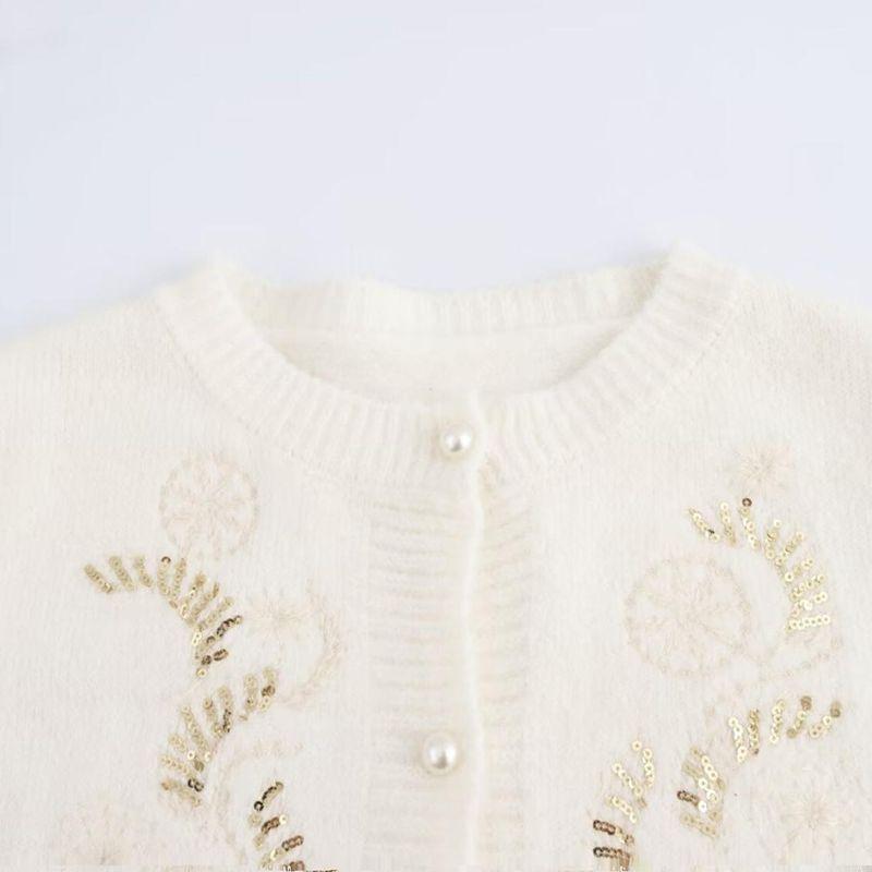 Kaslead New Arrival Women's Clothing Fashion Style Fashion Embroidered Sequins round Neck Knitting Cardigan Sweater Outwear